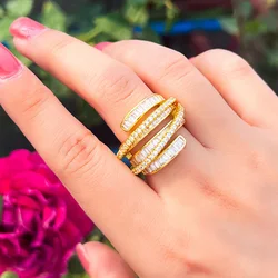 CWWZircons Geometric Cross Multi Layer Cubic Zirconia Open Cuff Adjustable Finger Rings for Women Wedding Party Jewelry R276