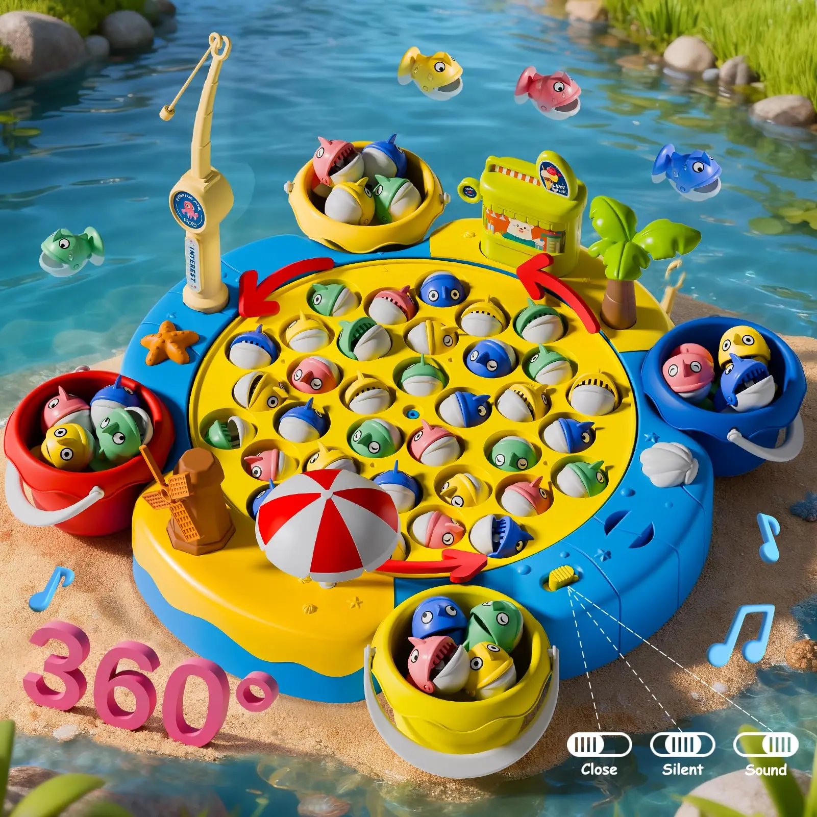 Placa de juego de pesca giratoria magnética, juguete de pesca con música para desarrollar la coordinación mano-ojo para niños, regalos de Navidad y cumpleaños