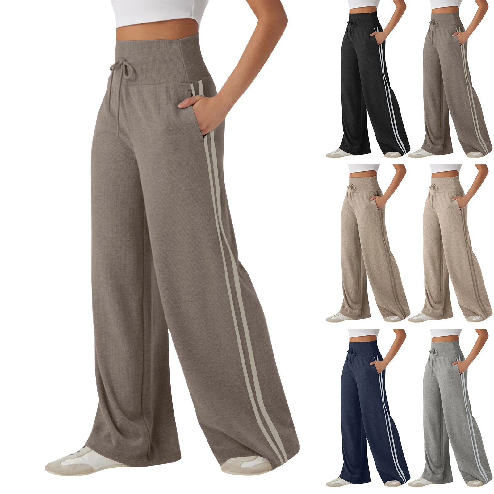 Women'S Wide-Leg Sports Pants High-Waisted Lace-Up Trousers Side Stripes Loose Pants Drape Daily Wear All-Match Comfortable