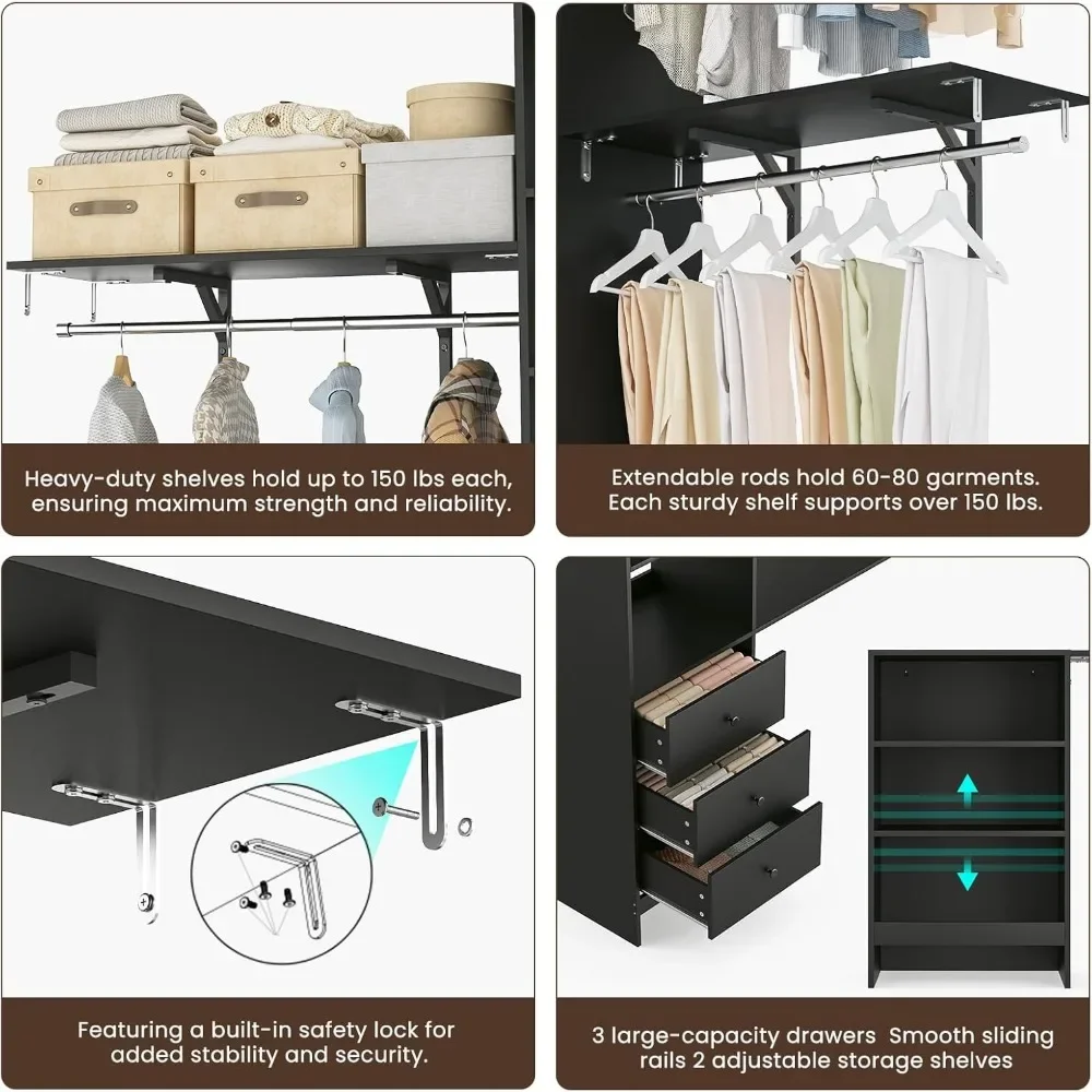 High Capacity Wardrobe Rack with 3 Drawers & Expandable Hanger Rods - Fits 6-9 ft Spaces