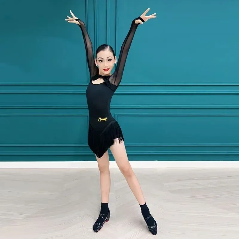 子供ラテンダンス服女の子黒ジャンプスーツ長袖トップスタッセルスカートチャチャルンバサンバラテンアメリカダンス衣装