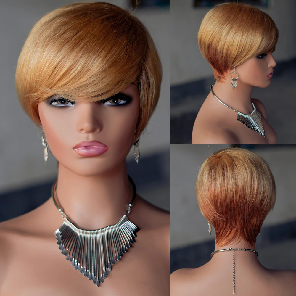 

Short Pixie Cut Human Hair With Bangs Golden Brown Human Hair for Black Women Afro African Wig Machine Made Cheap Human Wigs