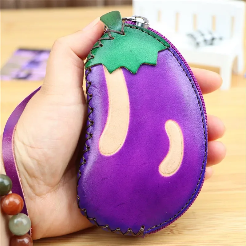 Head Cowhide Eggplant Coin Purse Bag Creative Cute Clutch Card Bag Birthday Gift