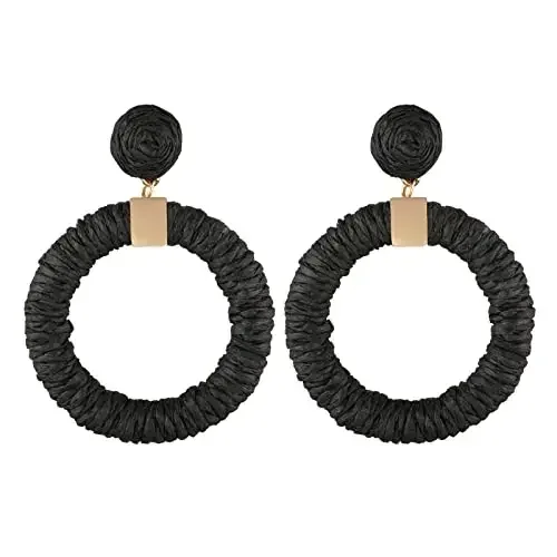 Vintage Raffia Cutout Round Stud Earrings Bohemian Hand Woven Raffia Stud Earring for Women Seaside Vacation Jewelry Gifts