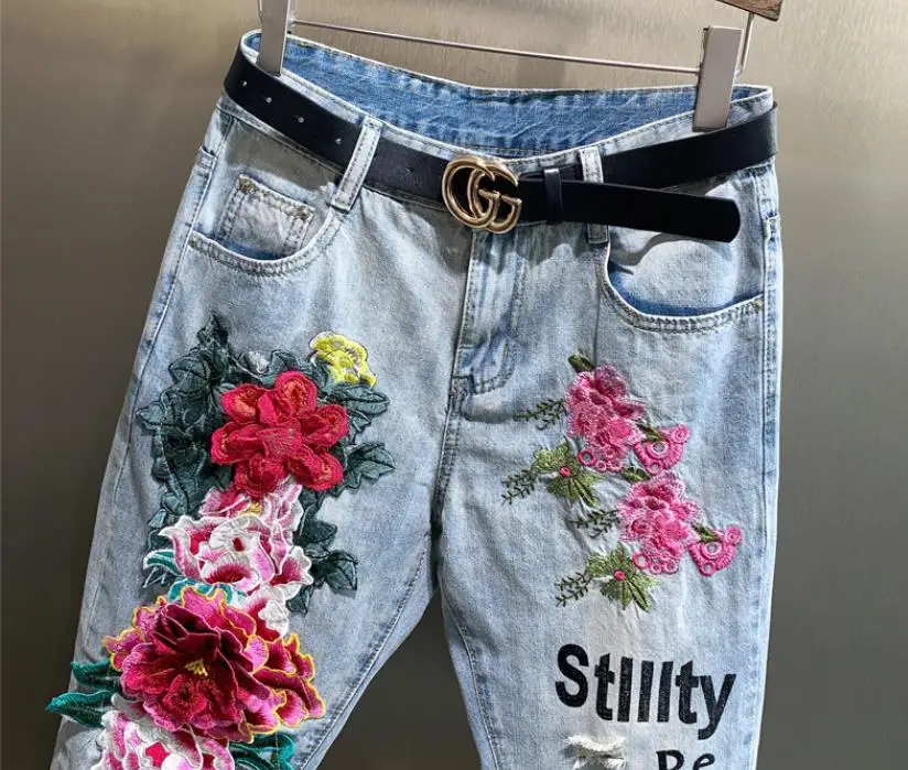 Embroidered Jeans elastic Women\'s High Waist Straight Pants