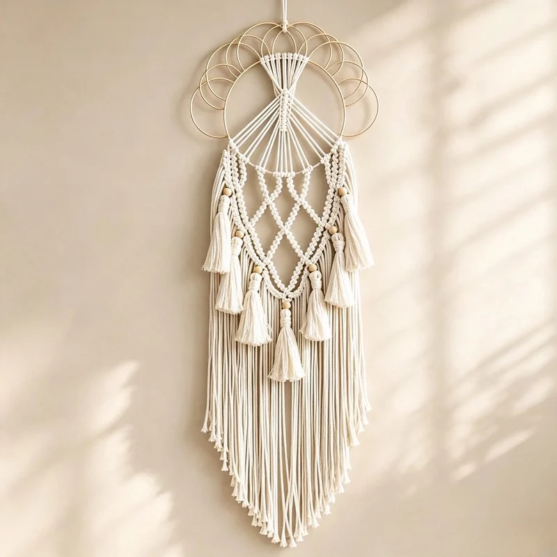 Bohemian Wall Tapestry Handmade Cotton Rope Wall Hanging with Wooden Bead Tassel, Metal Frame Wall Ornament for Background Decor