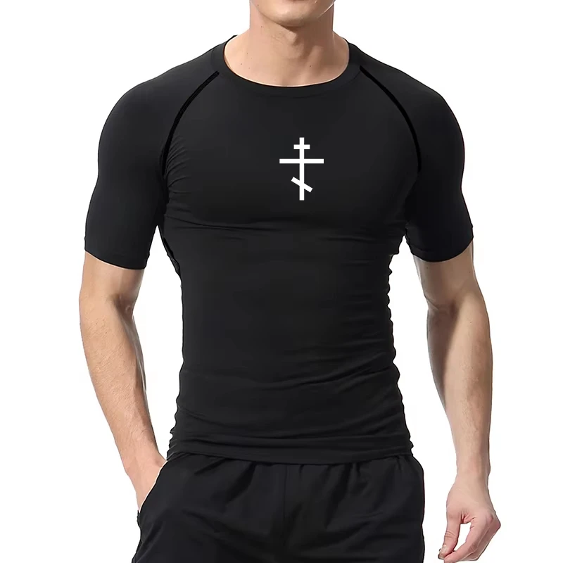 Cross Print Compression Shirt Men's Christian Athletic Tshirt Tees Tops Gym Workout Fitness Running Baselayers Undershirts