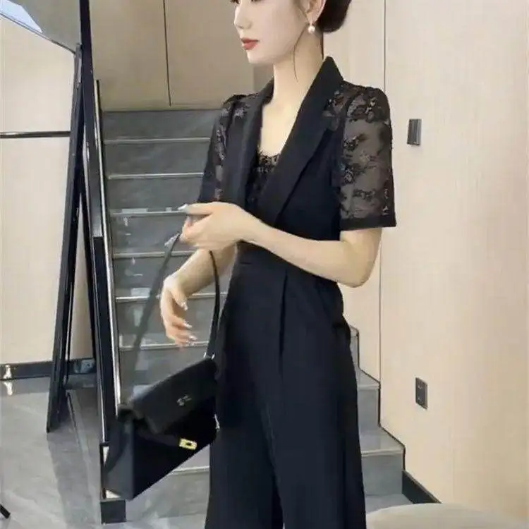 

Spring Summer Trendy Slimming Heavy Embroidery Lace Patchwork Suit Collar One-Piece High Waist Wide Leg Pants Women's Faion