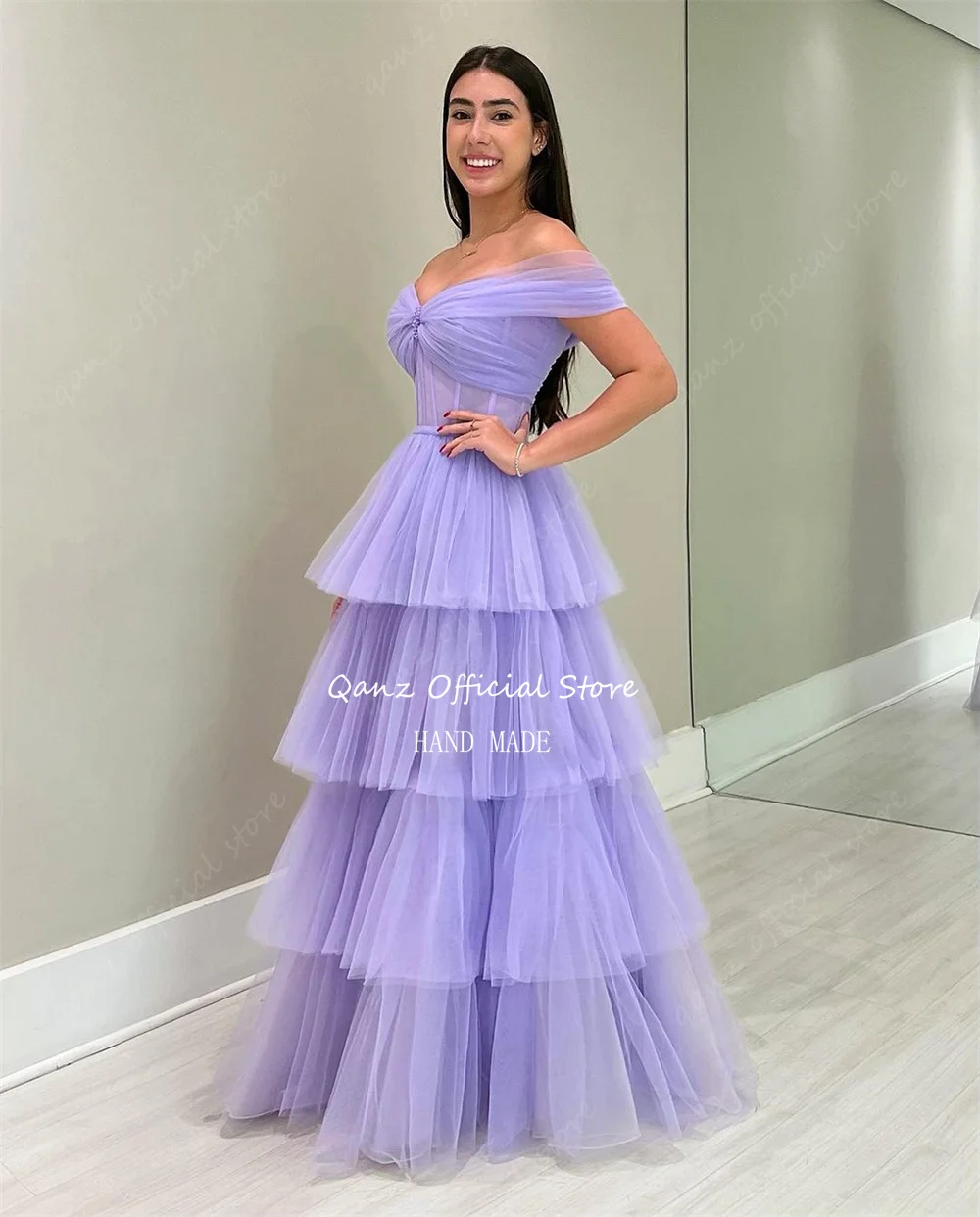 Qanz Lilac Tulle Evening Dresses Off The Shoulder Floor Length Ruched Tiered Vestido De Noche Formal Dresses For Women 2024 Plus