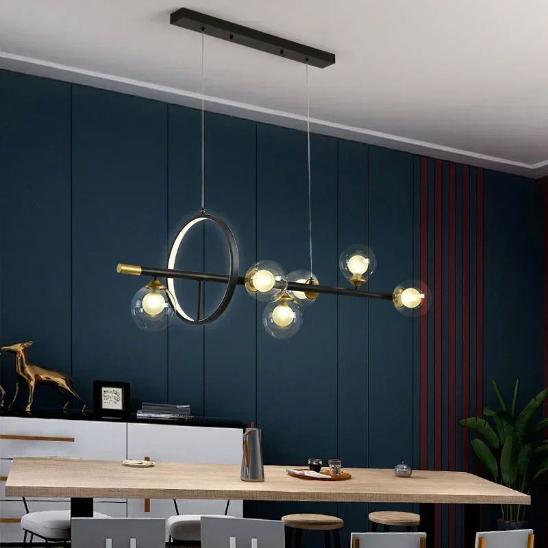 

Modern Transparent Glass Ball LED Chandelier - Black Long Pendant Light for Nordic Restaurant, Cafe & Office