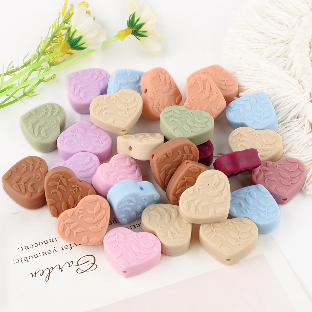 10Pcs Heart Shaped Silicone Beads With Leaf Pattern Solid Silicone Focal Bead DIY Jewelry Accessories