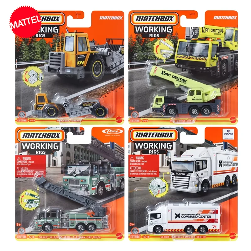 Original Mattel Matchbox Car 1/64 Working Rigs Mobile Crane Road Scraper Vehicle Toys Model for Boys Collection Birthday Gift