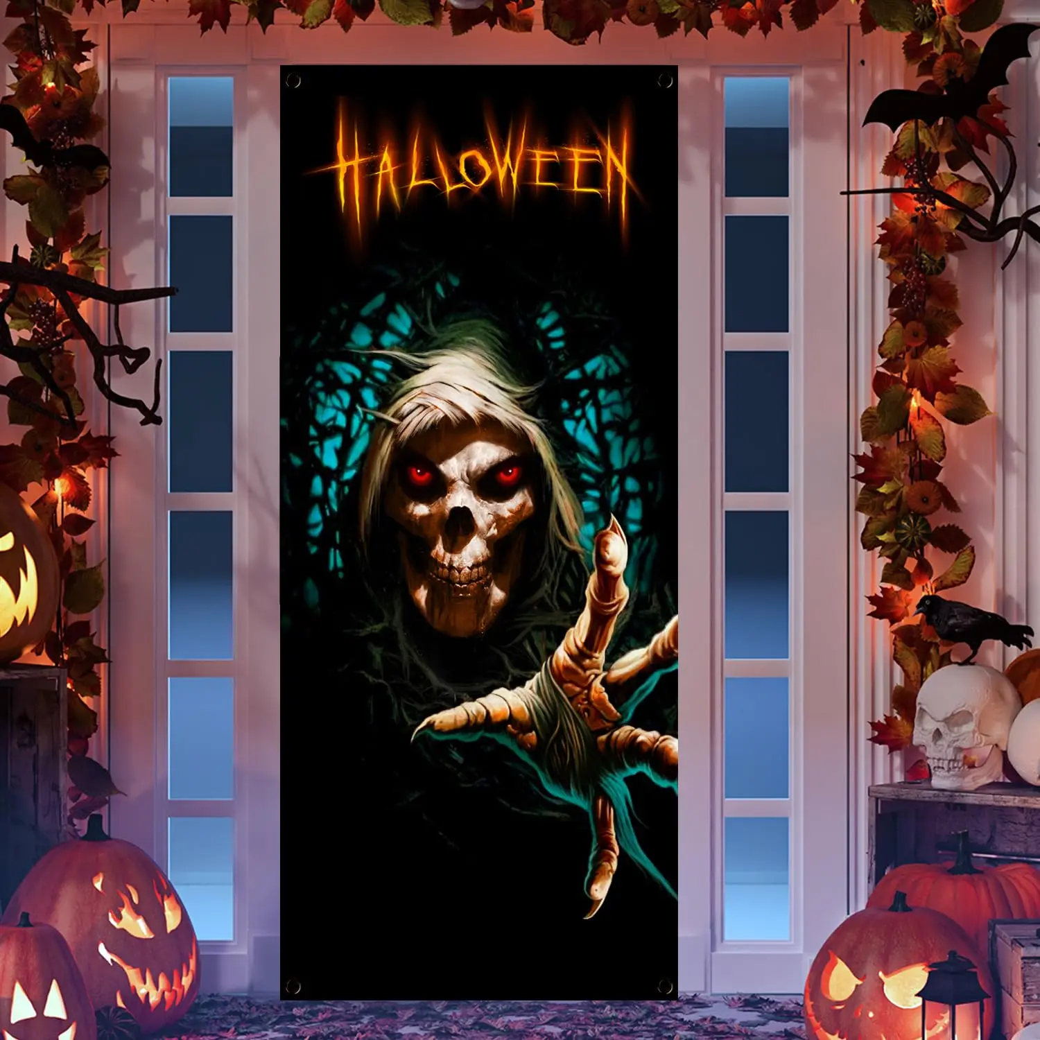 

VIKAMA Halloween Skeleton Door Curtain Tapestry “HALLOWEEN” Red Eye Skeleton Waterproof Entryway Party Decoration