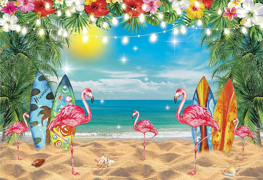 Tropical Summer Island Backdrop Ocean Beach Seaside Surfing Flamingo Palm Leaf Photography Background Themed Birthday Party