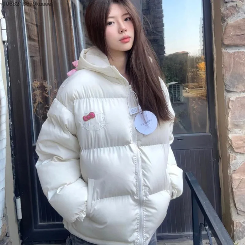 Sanrio Hello Kitty Sweet Cute Embroidered Cotton Coat For Women Winter New Trendy Casual Versatile Jacket Thick Warm Hooded Coat