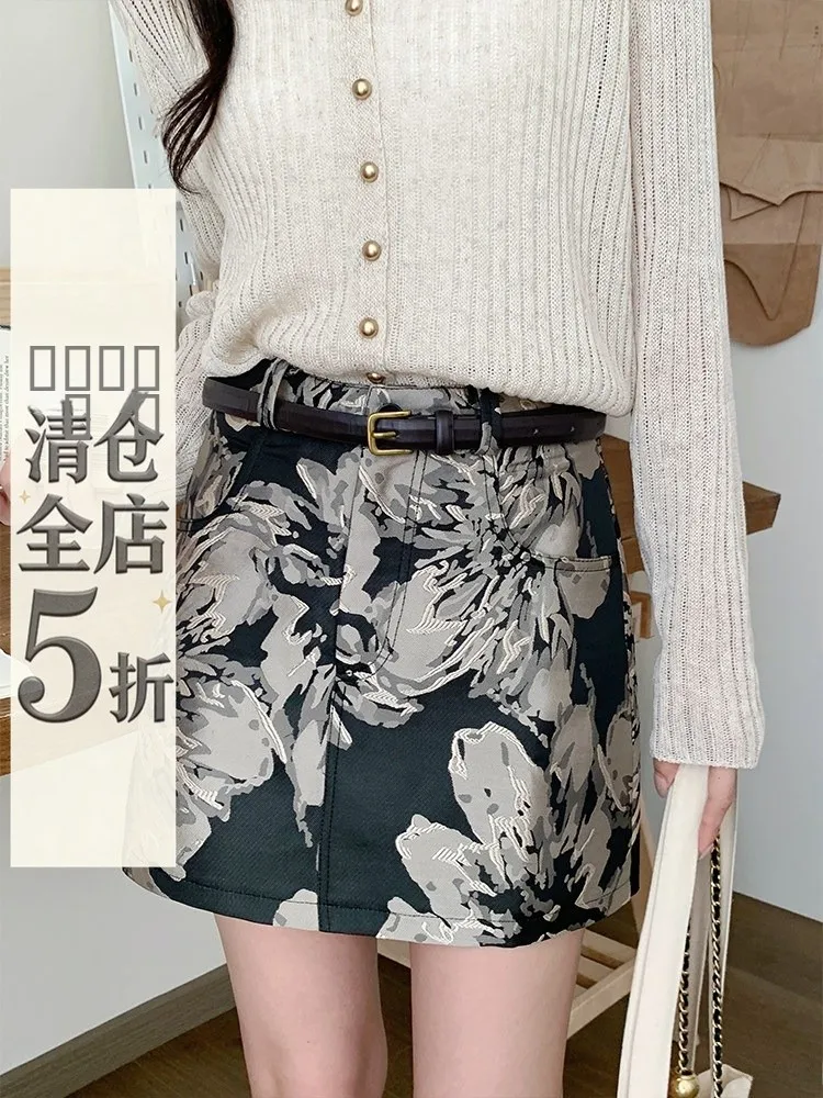 

Черная юбка А-силуэта с цветочным принтом, женская, приталенная, с завышенной талией, в корейском стиле, для повседневной носки, корейская мода, лето 2025