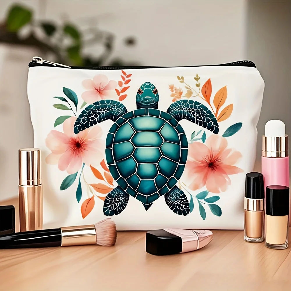 바다거북 꽃무늬 화장품 가방 - 다기능 지퍼 파우치, 보석 보관 가방,