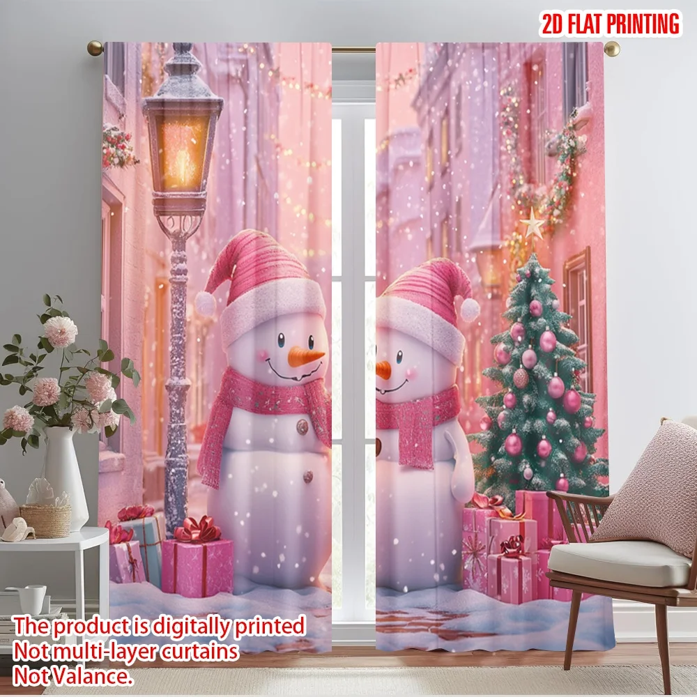 2pcs,2D plane printing Curtains Digital Printed Cute Snowmen Christmas Tree Gifts (2) Polyester Fabric (without rod) Festive for