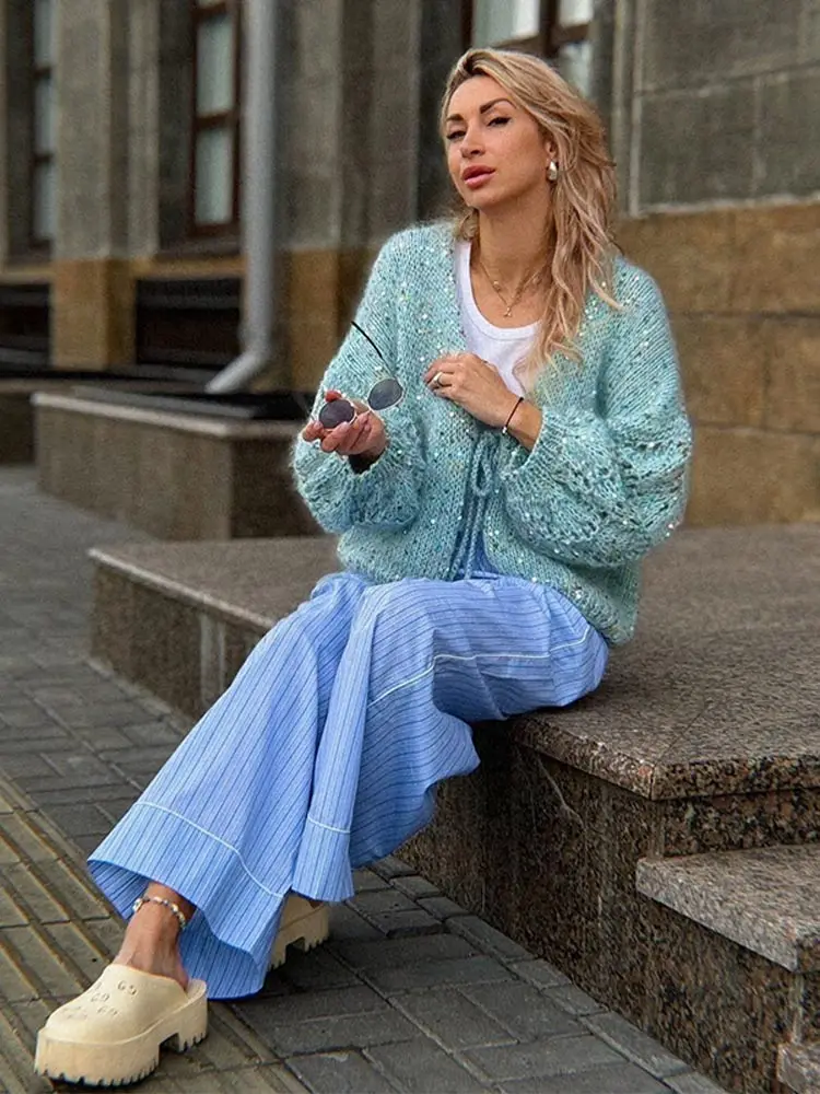 Fashion Glitter Lace Up Knitted Cardigan For Women Elegant V Neck Lantern Long Sleeve Sweaters 2024 Autumn Ins New Casual Coats