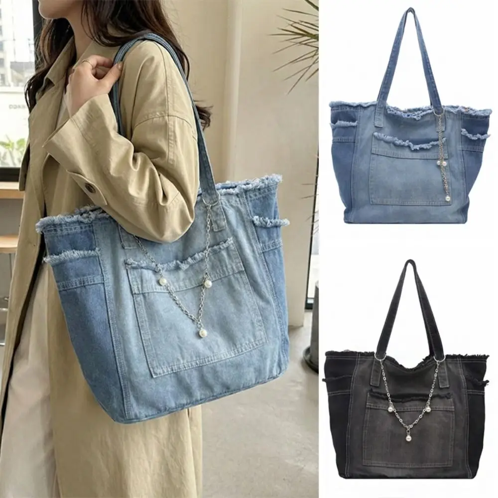 

Casual Korean Style Denim Shoulder Bag Retro Simple Underarm Packs Solid Color PU Leather Handbag Office Worker