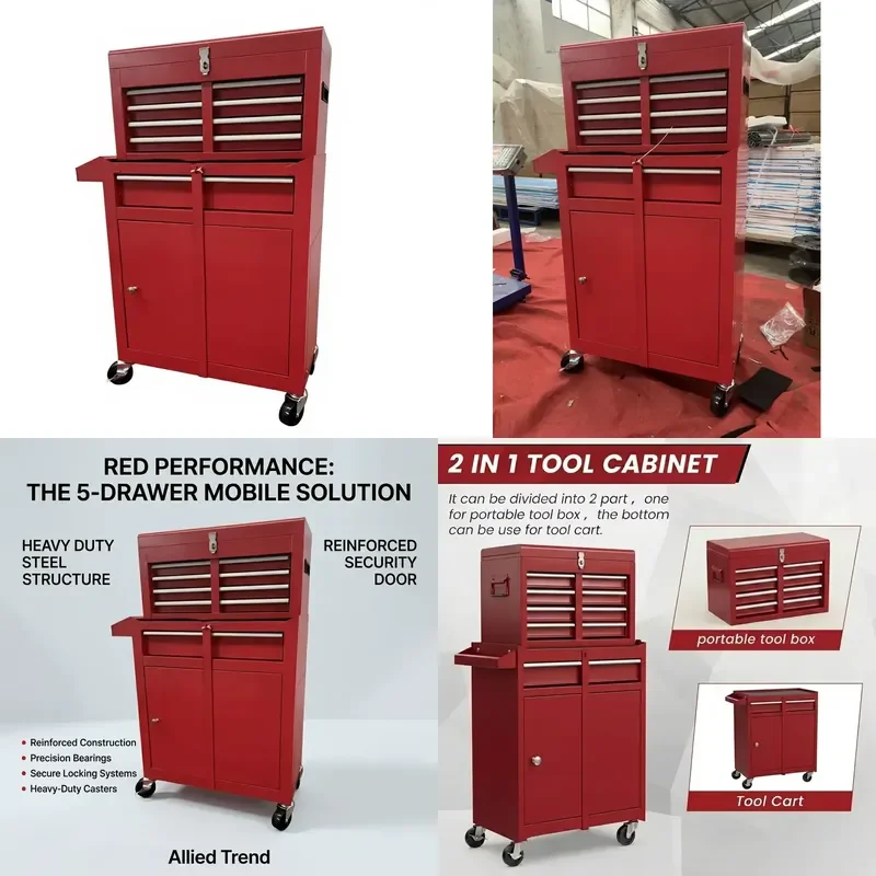 Modern Heavy-Duty Steel Rolling 5-Drawer Tool Chest Lockable Wheels Detachable Top Adjustable Shelf Outdoor/Indoor