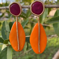 Bohemian Natural Stone Dangle Stud Earrings Multicolor Stone Oval Posting Earrings Orange White Green Earrings Vintage Jewelry