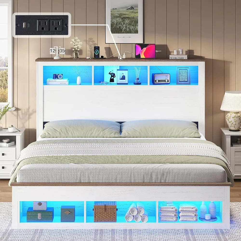 Marco de cama tamaño Queen con cabecera y pie de cama de almacenamiento de estantería, cama con plataforma LED con estación de carga, sin somier