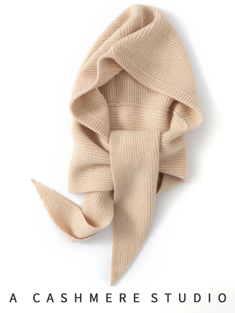 Women Cashmere Hooded Scarf Thick Jacquard Hat Autumn Winter Warm Beanies Cap 100% Cashmere Knitted Classic Soft Versatile Scarf