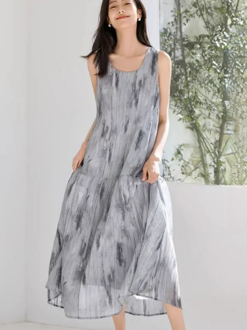 تنورة صيفية 2025 من الحبر Svel Dr خفيفة الوزن من الحرير Vaion Dr متوسطة الخصر على شكل كعكة Sle مستديرة Ne Long Dr #5