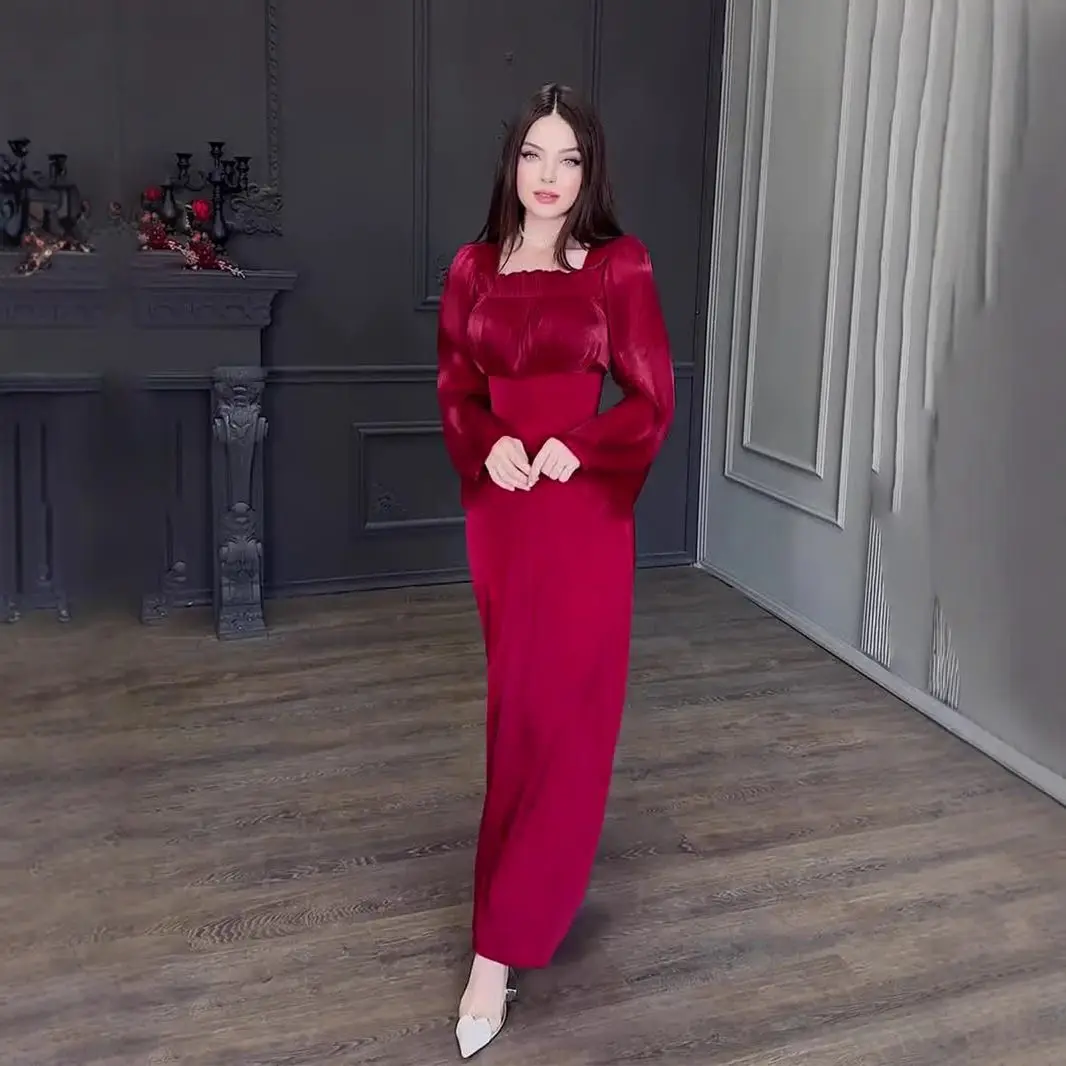 Doux couleur Pure cloche Sve Wrap Dr avec plis col carré épissage soie Lustre a-ligne Dr Ele Sle Long Dr