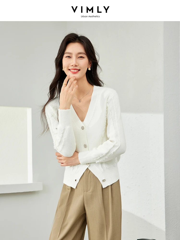 Vimly White V-neck Knitted Cardigans High Strecth Female Knitwear 2024 Spring Fashion Casual Long Sleeve Top for Woman 72780