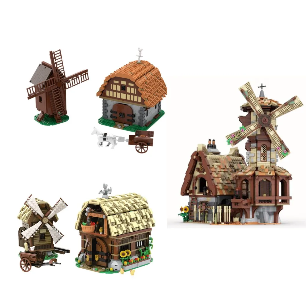 MOC Mill Village Raid Building Blocks WINDMILL Architecture Model 3739 Mill Village Raid Remake Medieval Castle Bricks Toy  Gift