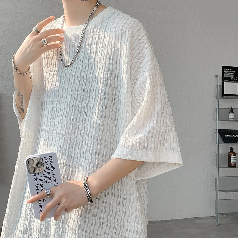 Summer Texture Short Sleeve Men T Shirt Korean Style Loose O Neck Fashion Casual Cool Tshirt Oversized Hollow out Tops White