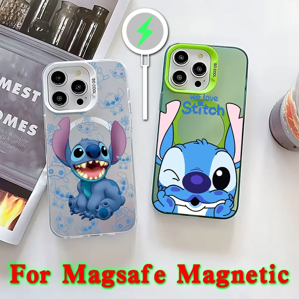 Cartoon Cute Stitch Magsafe Magnetic Phone Case for IPhone 11 12 13 14 15 16 Pro Max Plus Creative Border Silver Plated Cover