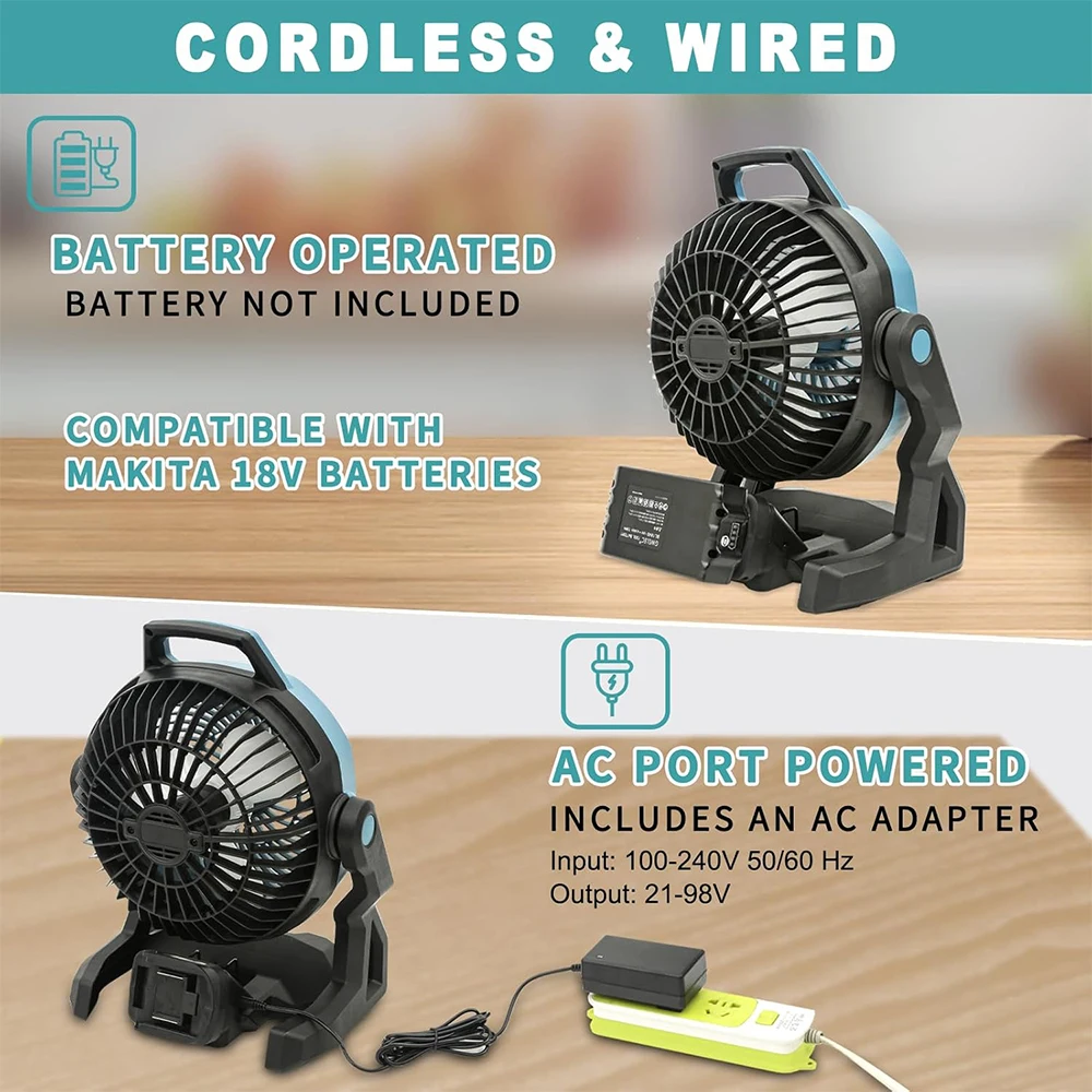 

Portable Camping Fan Powered Desktop Floor Fan for Makita BL1830 for Milwaukee for M18 for Dewalt DCB200 18V 20V Lithium Battery