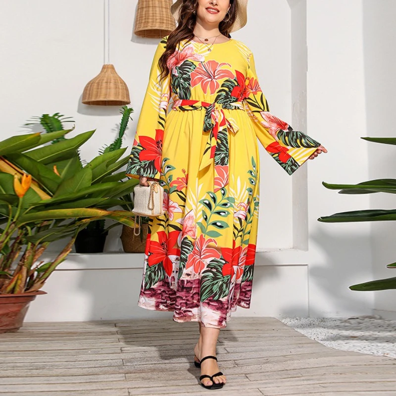 

Tinaa Plus Size Women's Dresses 2025 Spring Autumn Flare Sleeve Loose Fit Printing O Neck Large Size Evening Party Long Dresses