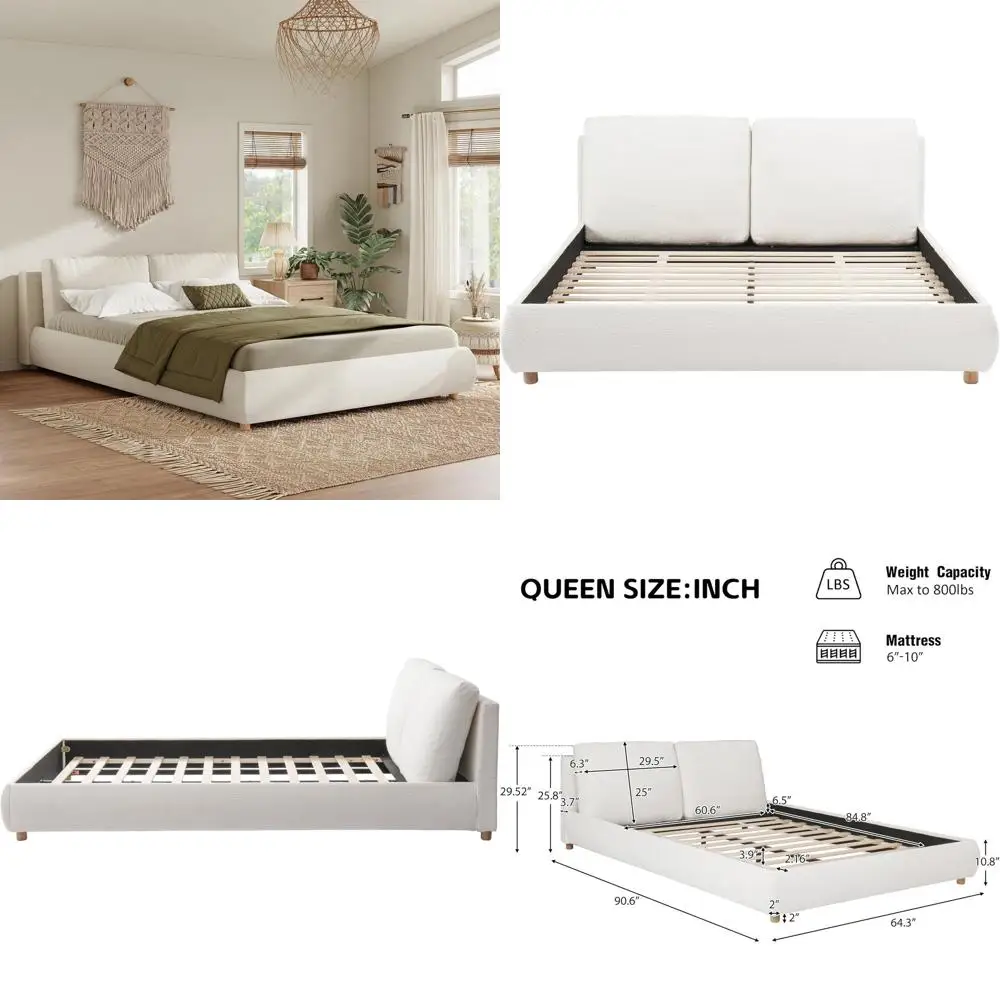 

Кровать-платформа Queen Size с обивкой из букле и мягким верхом, ножки из массива дерева, подходит для детей, подростков и взрослых, белая.