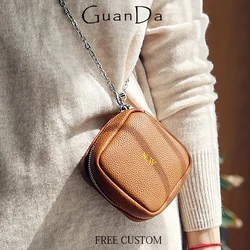 Luxury Square Cosmetic Bag Custom Name Woman Cross-body Bag Lipstick Genuine Leather Chain Clutch Handbag Lady Coin Purse Wallet