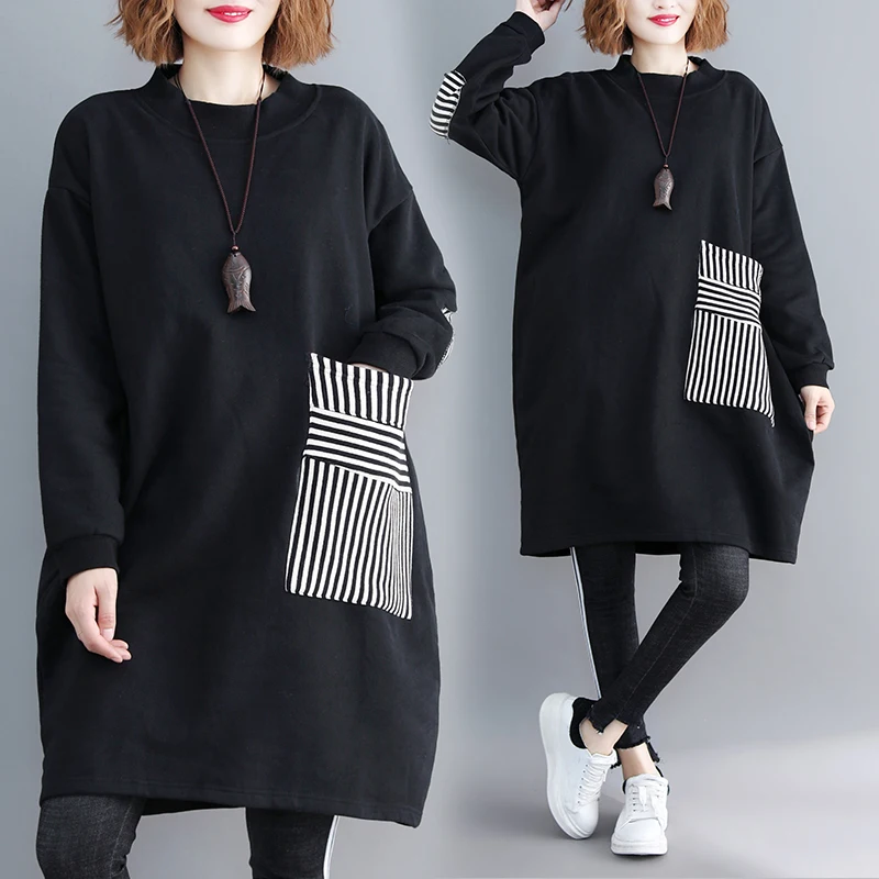 plus Size Hoodie Slimming Medium Length Patchwork Thiened Fce Women's Artistic Spring Faion Striped Splice Trendy Swea...