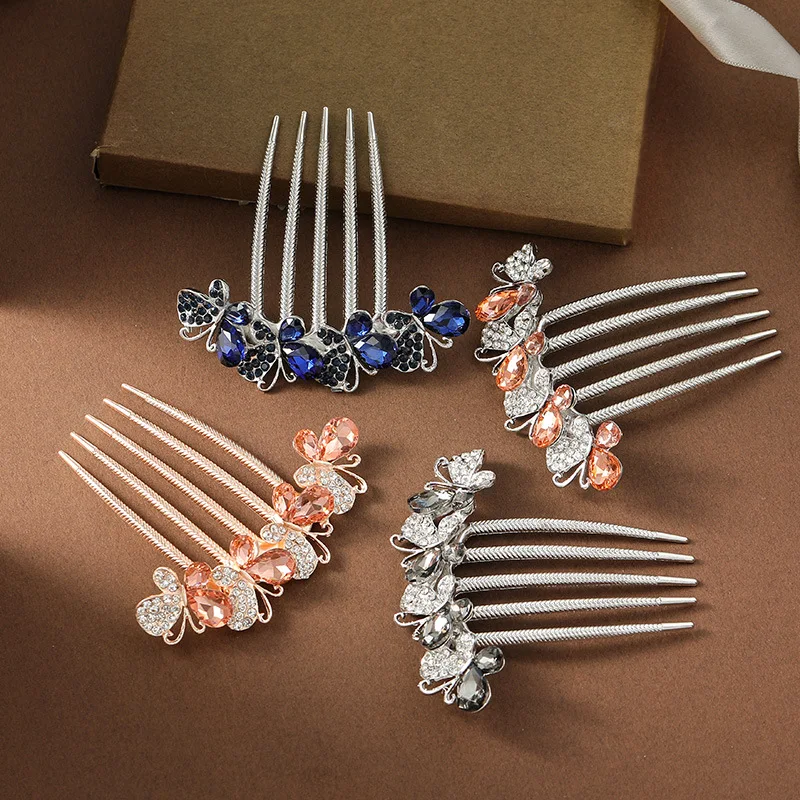 New crystal butterfly five-tooth hairpin rhinestone plate hairpin insert comb temperament female casual wedding gift headdress