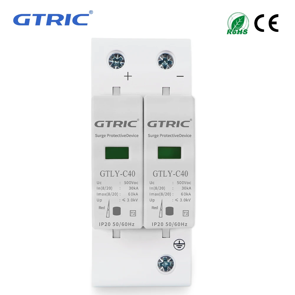 

GTRIC 2P DC SPD Lightning Protection 1000V 800V 500V 40KA 60KA House Surge Protector Protective Low-voltage Arrester Device