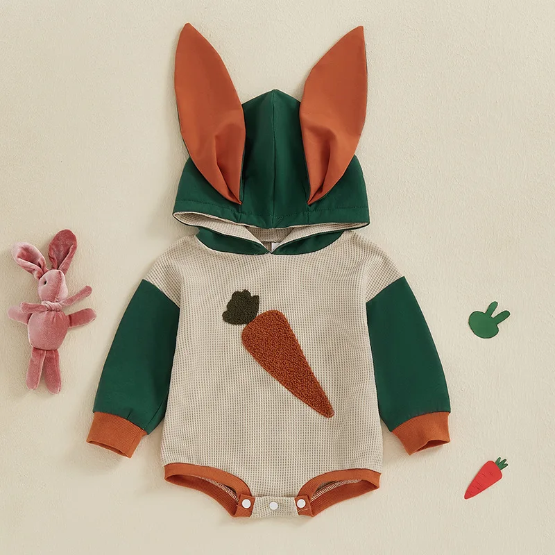 MILANCEL 2025 Easter Day Baby Clothes Bunny Hoodie Girls One Piece Waffle Bodysuit Carrot Outfit