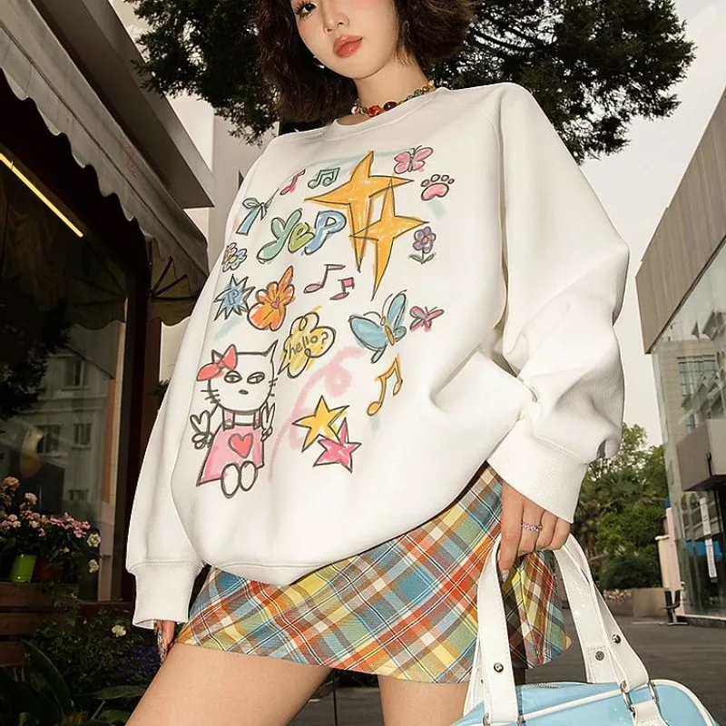 

White Velvet Winter Tops Japanese Cartoon Hand Drawn Funny Printed Sweatshirt Hoodie O-neck Loose Oversize Pullover Teens Girls