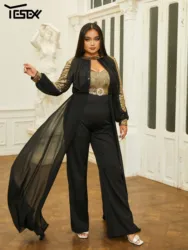 Yesexy New Plus Size Black Round Neck Long Sleeved Sequin Jumpsuit