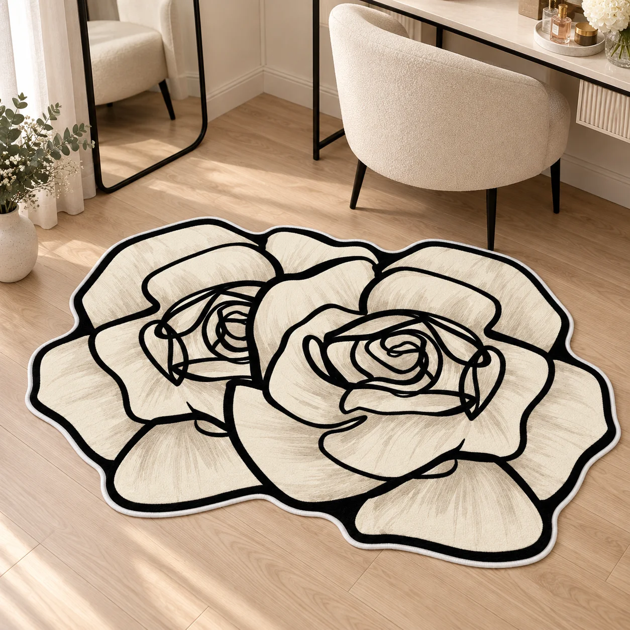Ivory Rose Flowers Shaped Area Rug, Elegant Floral Floor Mat for Bedroom Living Room Dressing Area, Romantic Home Decor Gift