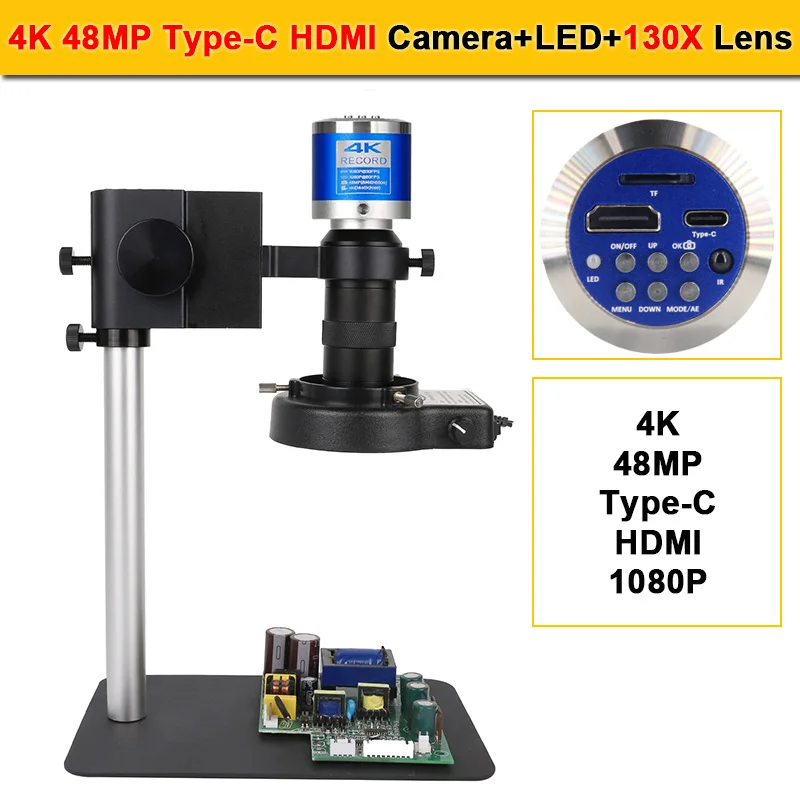 Mikroskop cyfrowy kamery 4K 48MP do elektroniki 130X soczewka powiększająca lampa pierścieniowa małej podstawy profesjonalny mikro zakres wideo