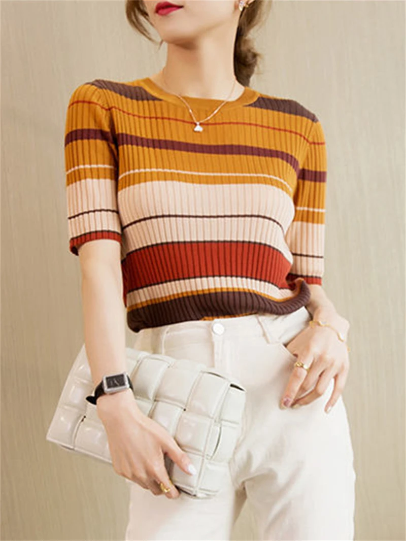 Summer New Contrast Stripe Short sleeved T-shirt Women\'s Garden Neck Knitwear Women\'s Top 5161