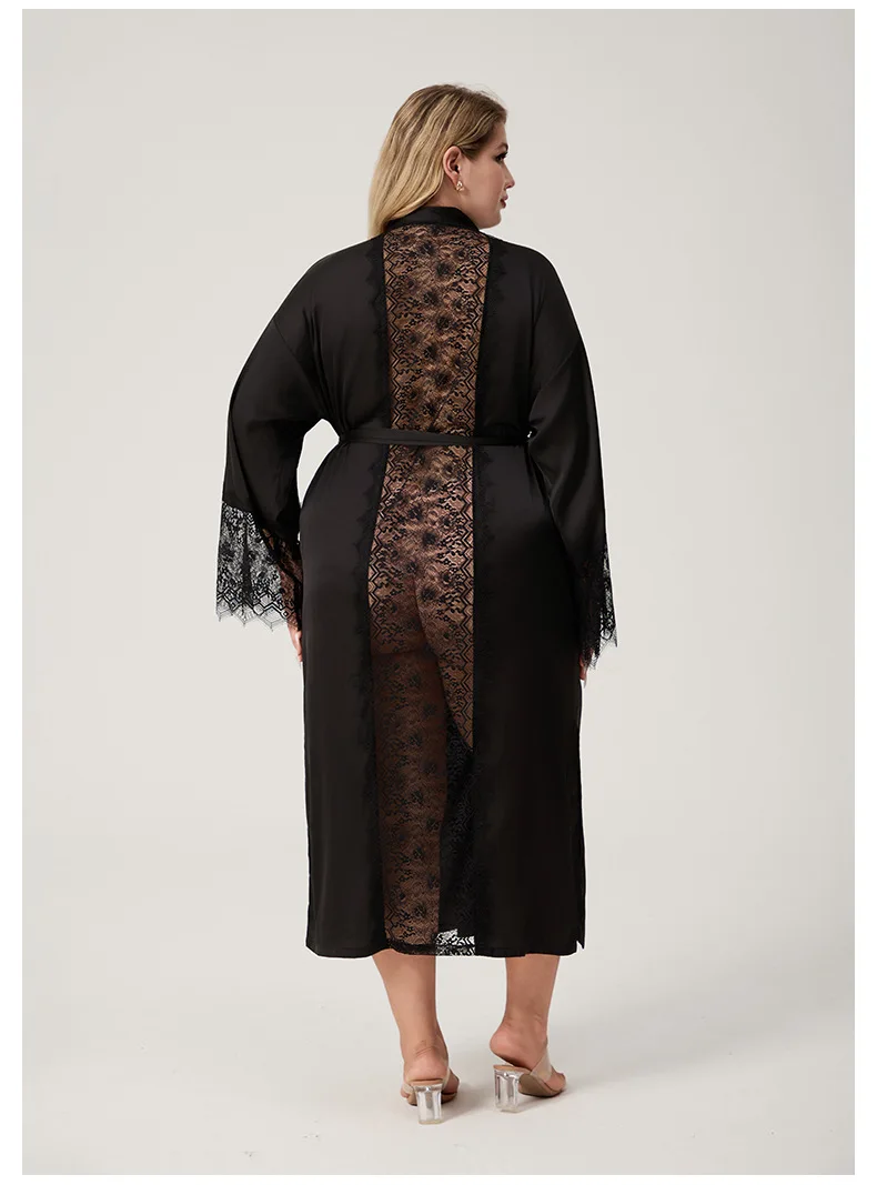 

Black Back Lace Satin Patchwork Long Robe Nightwear Elegant Women Kimono Bathrobe Spring Summer Sleepwear Sexy Loungewear