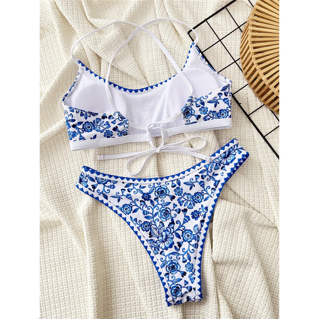 Sexy, mit Blumenmuster bedruckter, brasilianischer Bikini, Damen-Badeanzug, zweiteiliges Bikini-Set, gepolsterter Badeanzug, Badebekleidung, Modell V6705. – Detail 16