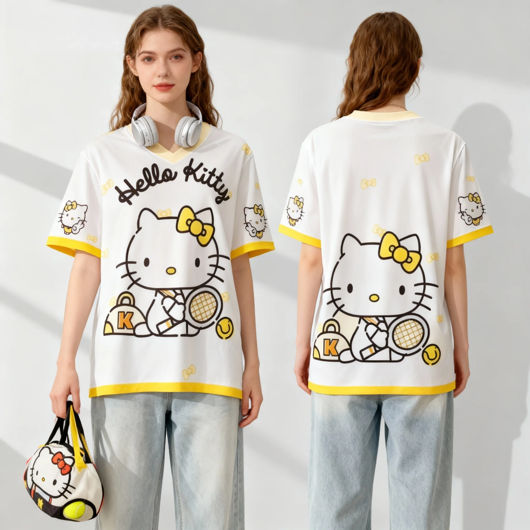 سانريو فاميلي هالو كيتي قميص كاجوال حلو ورائع للشارع الأمريكي تي شيرت صيفي كبير الحجم للسيدات البالغات طراز جديد #4